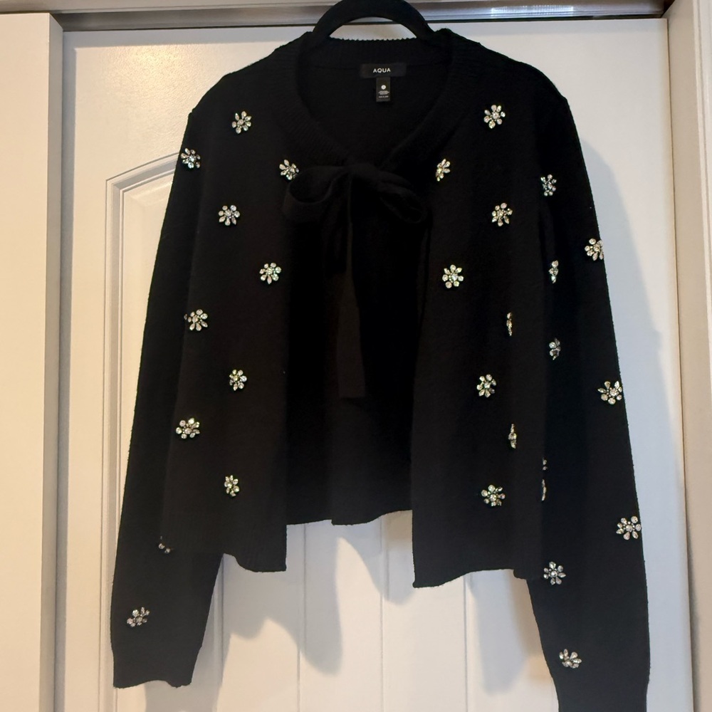 Aqua Black Jeweled Bow-Front Cardigan
